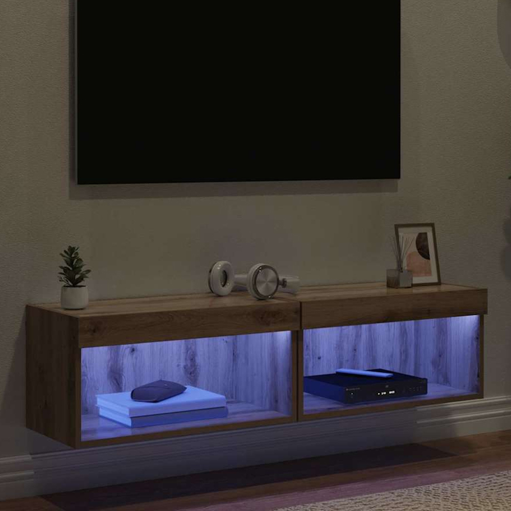 vidaXL Single Shelf Artisan Oak Wall Mounted Wide TV Cabinet with LED Light 2 Pack Image 1