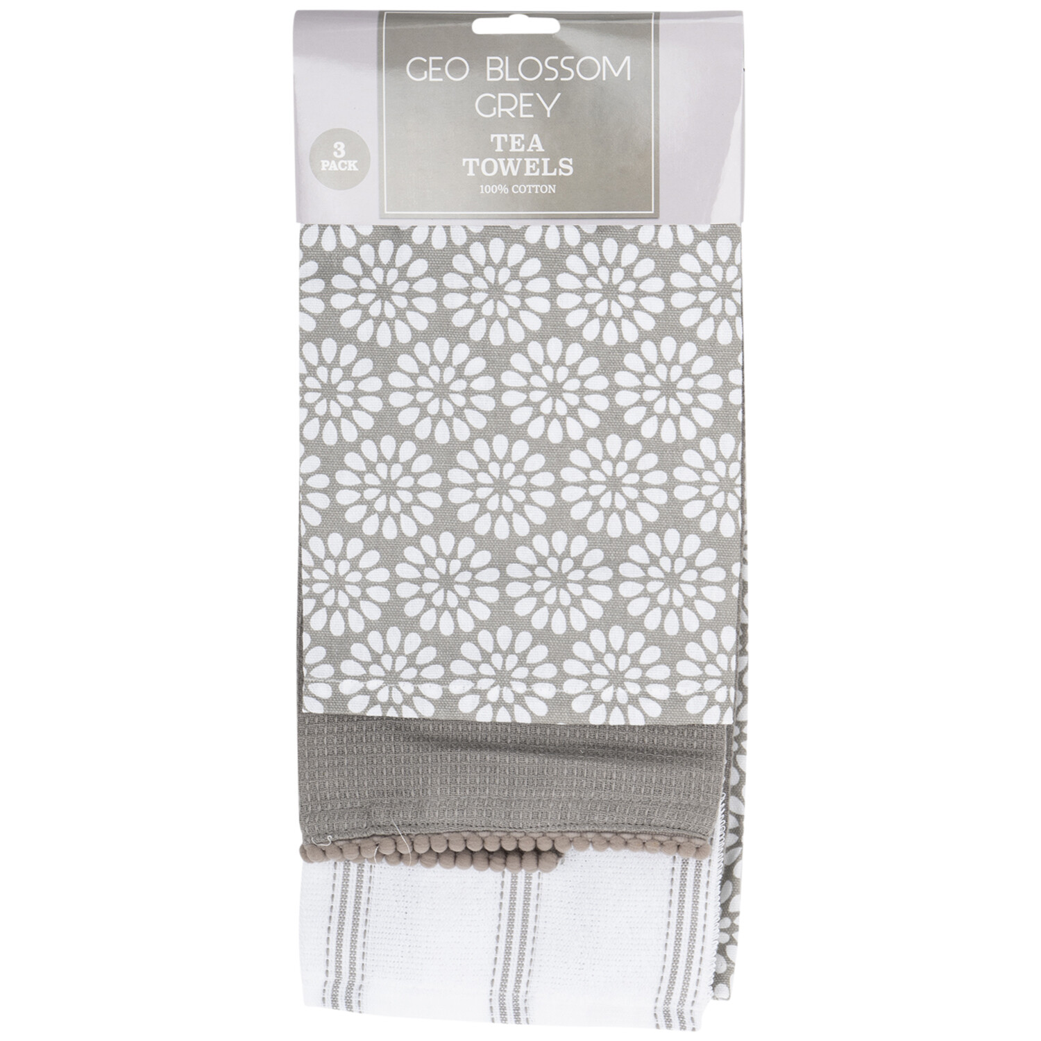 Pack of 3 Geometric Blossom Tea Towels - Grey Image