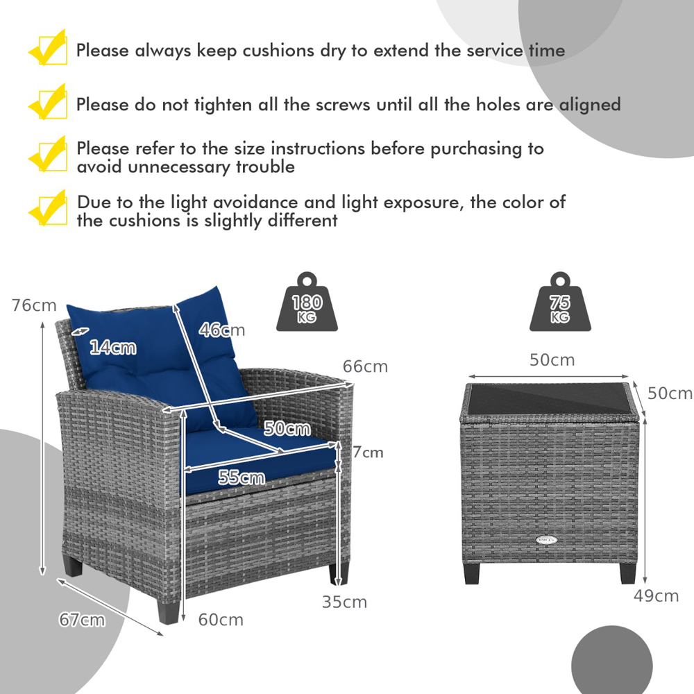 Costway 2 Seater Rattan Patio Bistro Set Navy Image 9