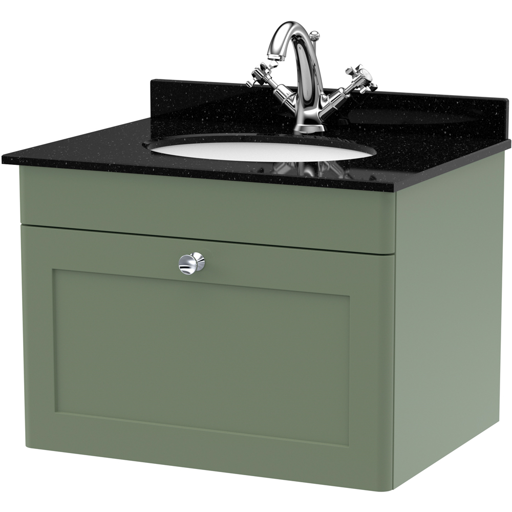 nuie Classique Single Drawer Satin Green and Black Wall Hung Unit and 1 Tap Hole Marble Basin 600mm Image 1