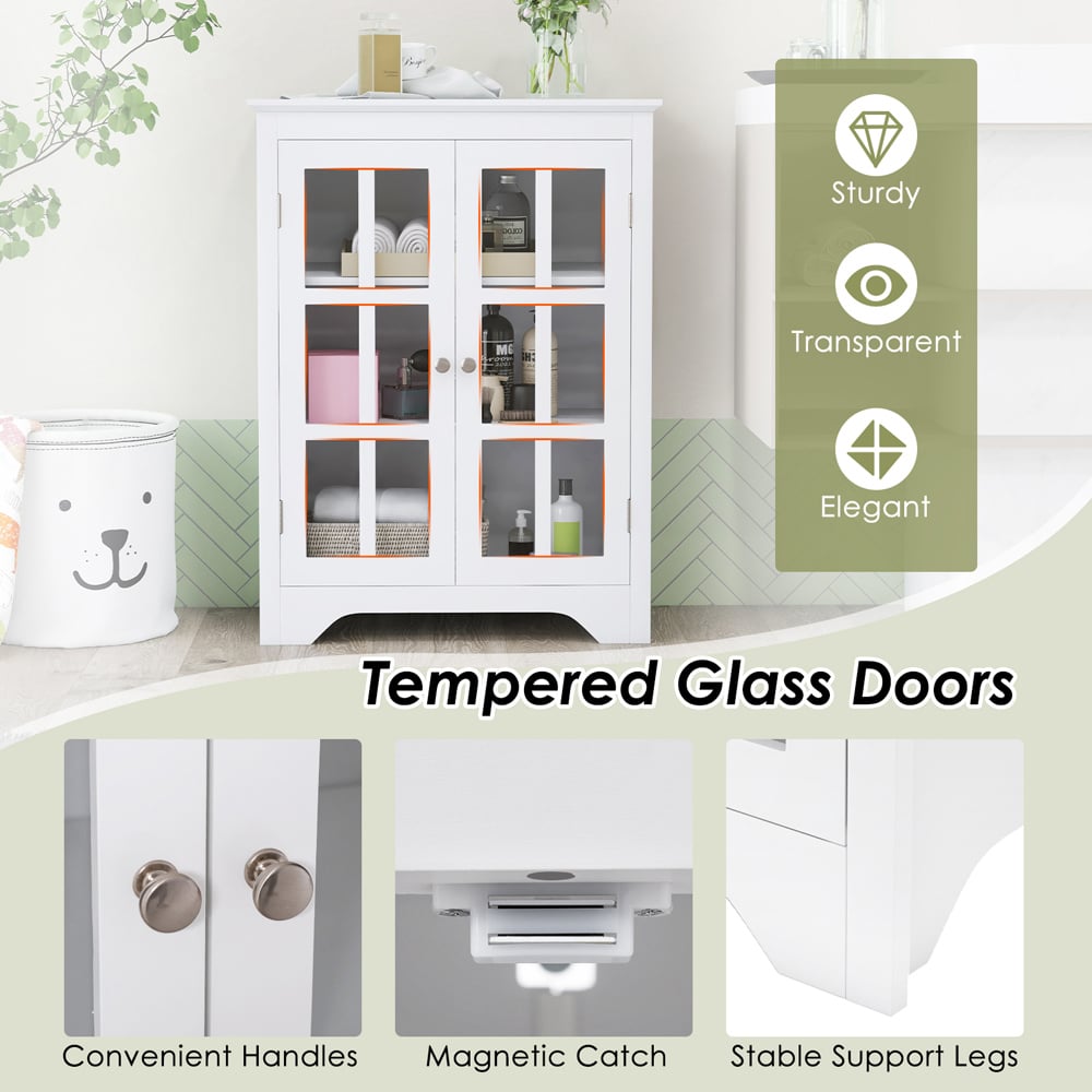 Costway 2 Door White Glass Floor Cabinet with Adjustable Shelves Image 5