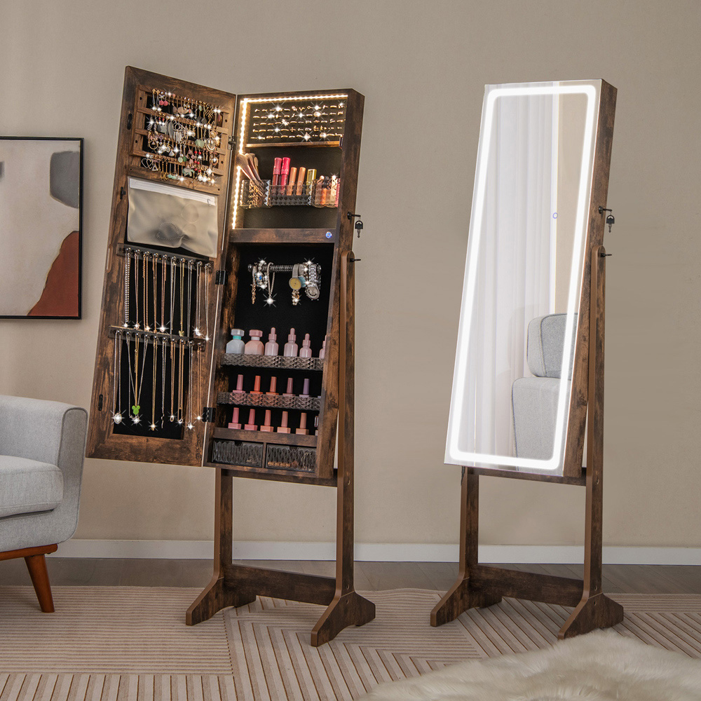Costway 2 Drawer Rustic Brown LED Light Standing Jewellery Cabinet Image 2