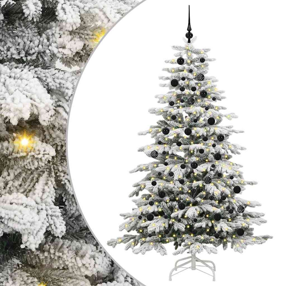 vidaXL Pre-Lit Black Baubles White Artificial Snow Flocked Christmas Tree 7ft Image 2