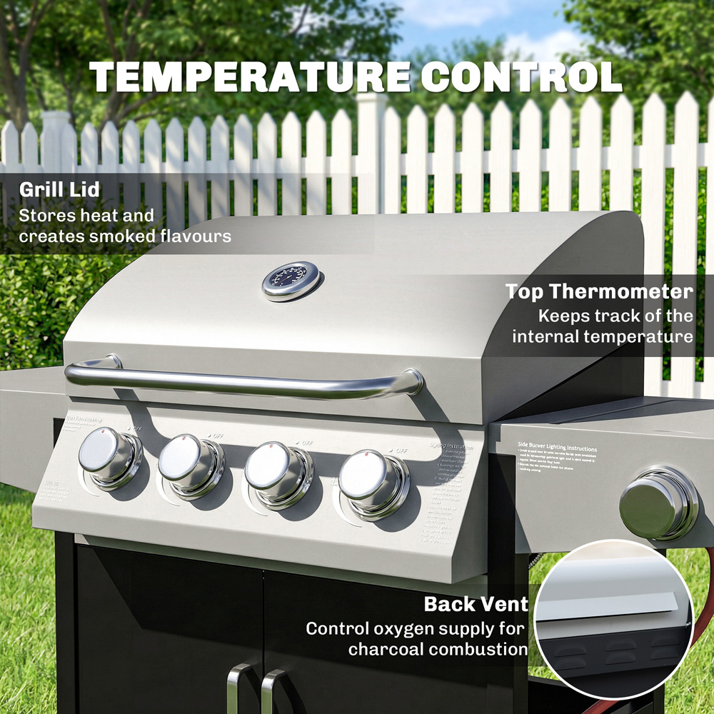 Outsunny Silver and Black 4+1 Burner Gas BBQ Grill with Side Burner Image 4