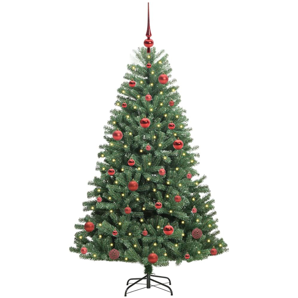 vidaXL Pre-Lit Red Baubles Green Artificial Hinged Christmas Tree 5ft Image 1
