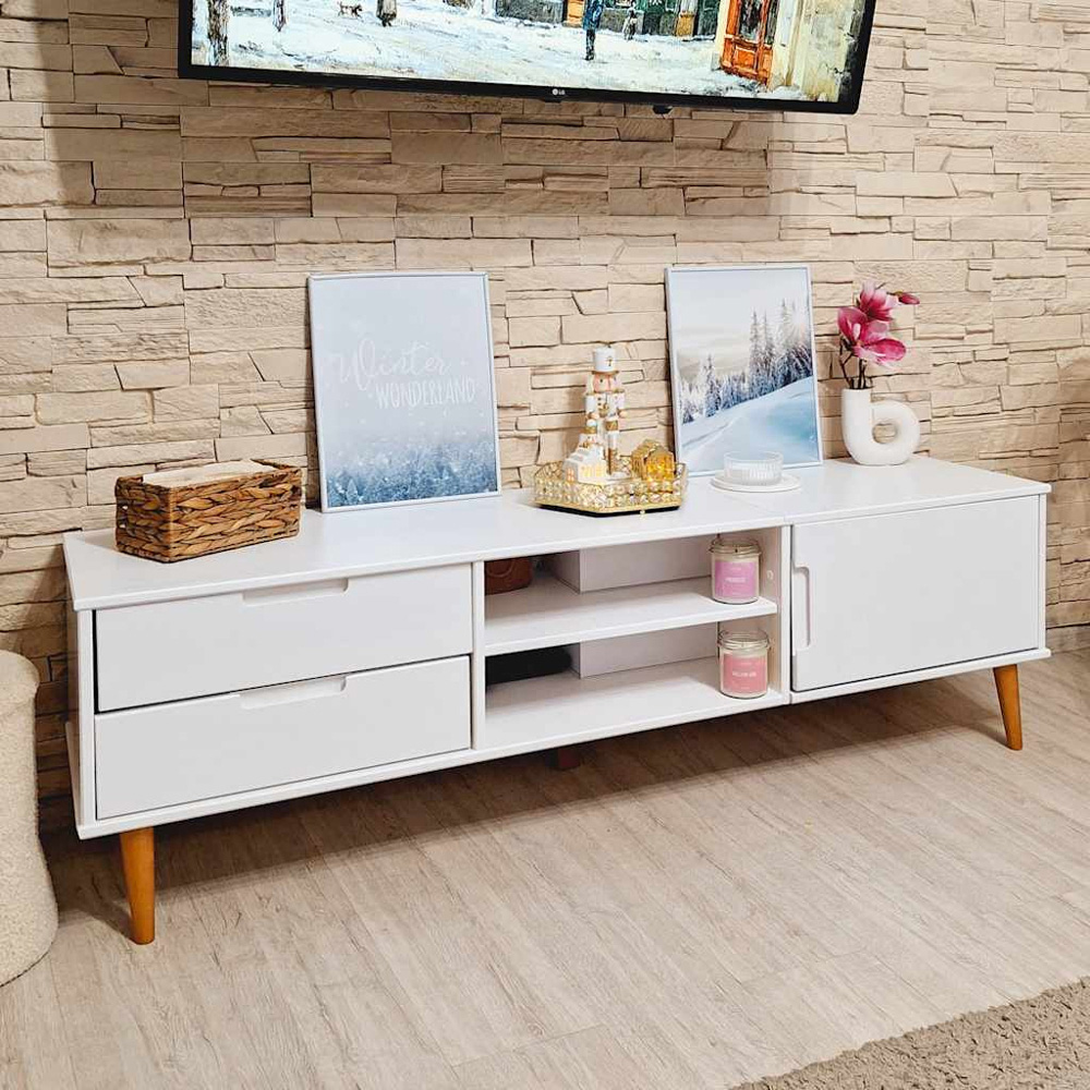 vidaXL Molde Single Door 2 Drawer 2 Shelf White Solid Pine Wood TV Cabinet Image 1