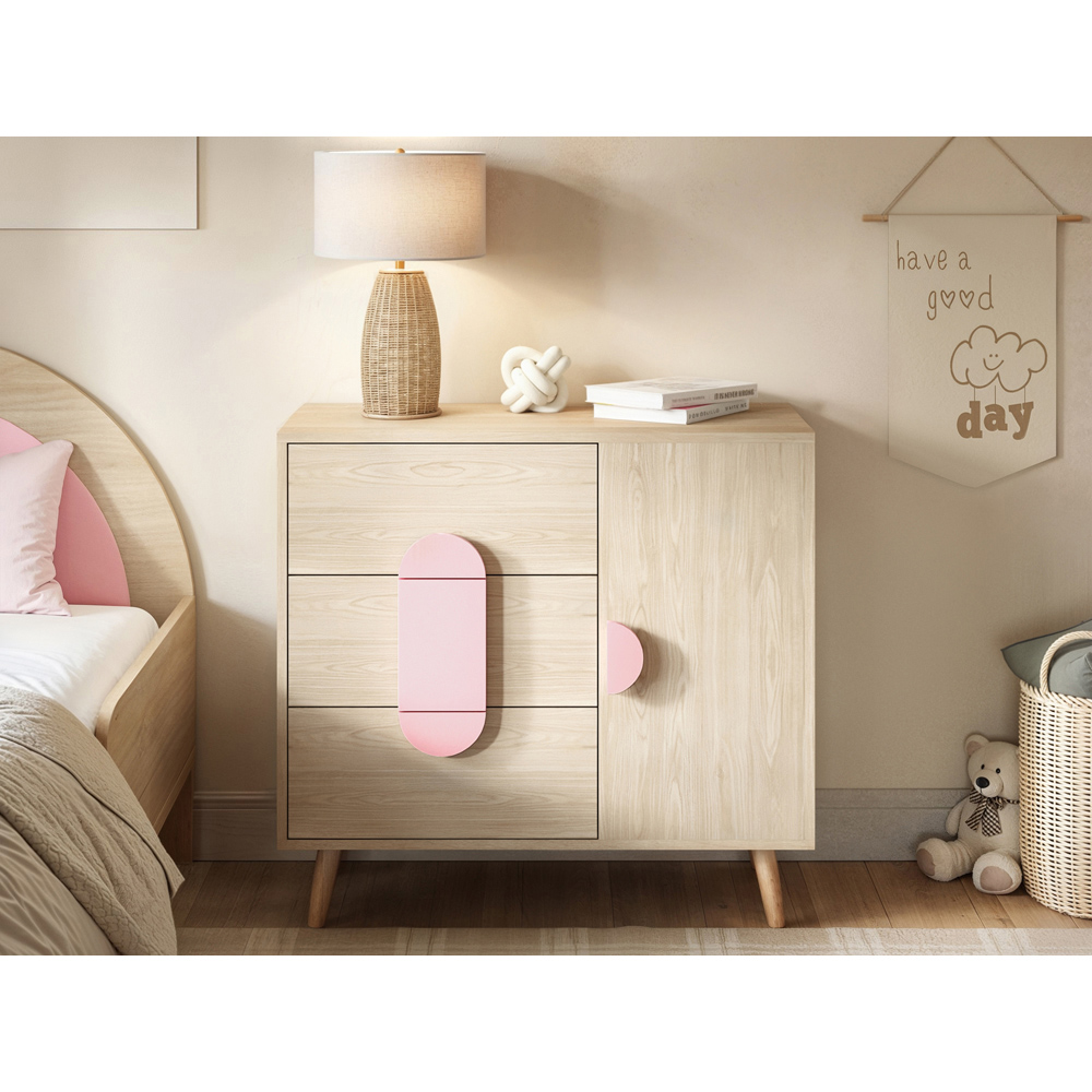 Flair Noah Single Door 3 Drawers Oak and Pink Cabinet Image 4