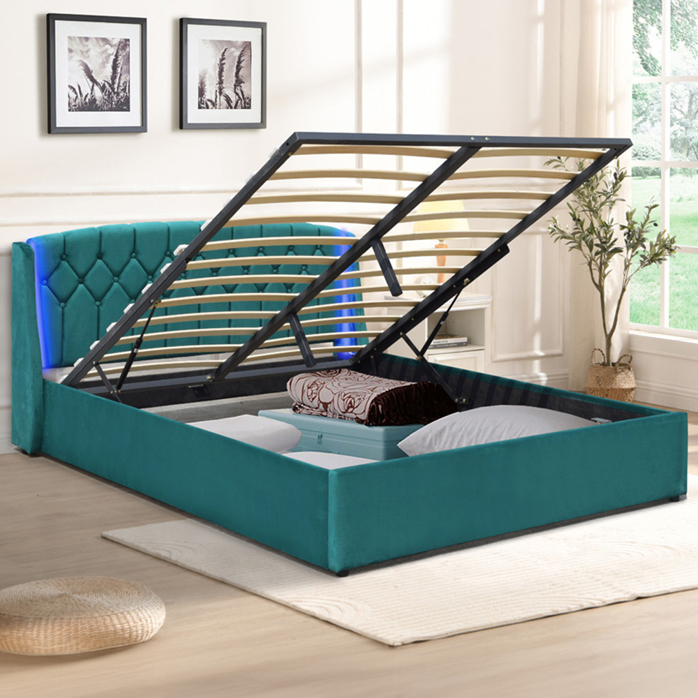 Comfy Living King Size Green Fabric Gaslift Bed Frame with LED Headboard Image 1