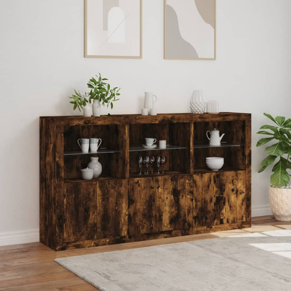 vidaXL 6 Door 6 Shelf Smoked Oak Large Sideboard with LED Lights Image 8