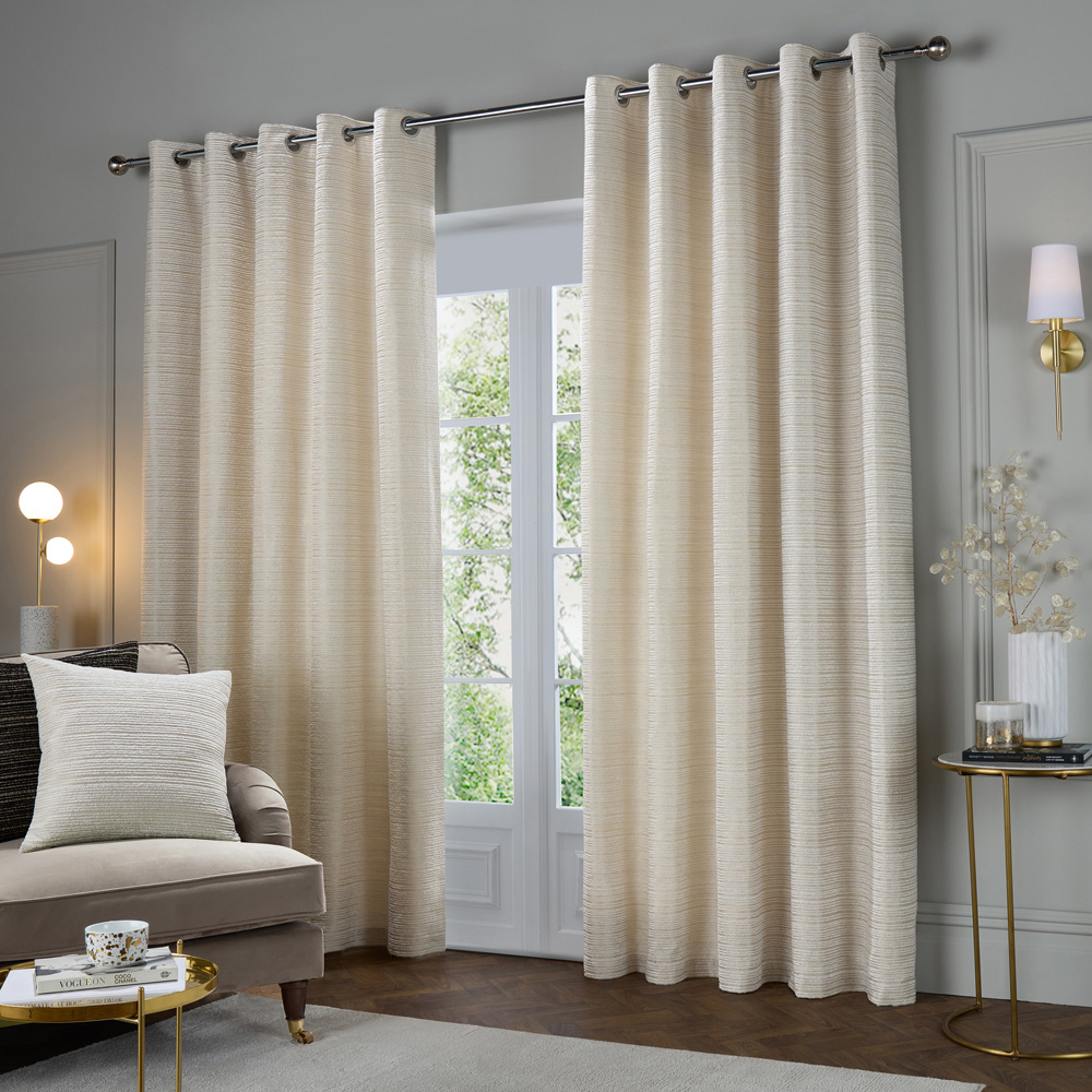 Paoletti Jupiter Ivory and Gold Fully Lined Chenille Jacquard Eyelet Curtains 168 x 229cm Image 1