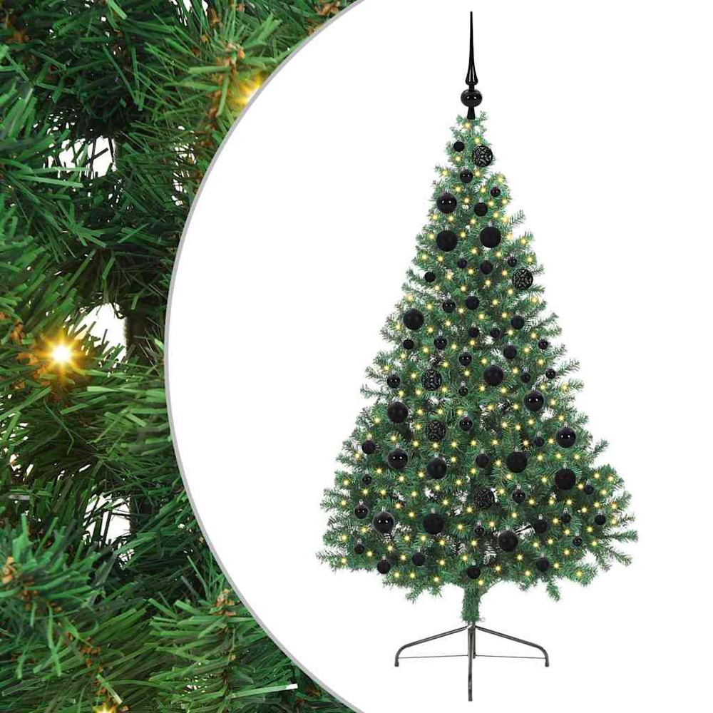 vidaXL Pre-Lit Black Baubles Green Artificial Christmas Tree 6ft Image 2