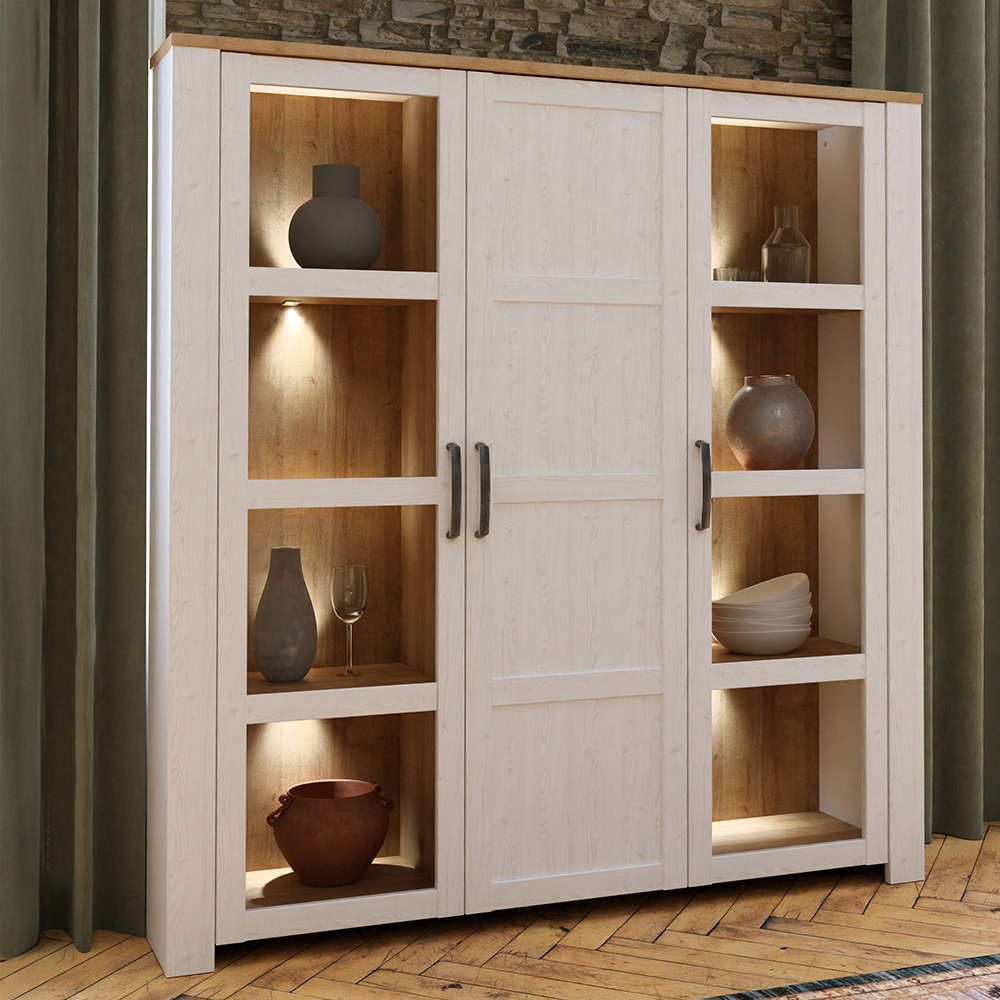 Florence Bohol 3 Door Riviera Oak and White Large LED Display Cabinet Image 1