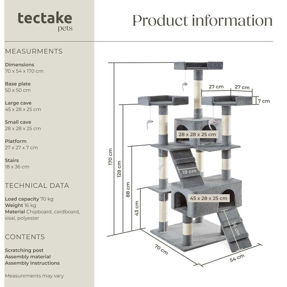 tectake Barney Grey Cat Tree with Scratching Posts 170cm Image 9