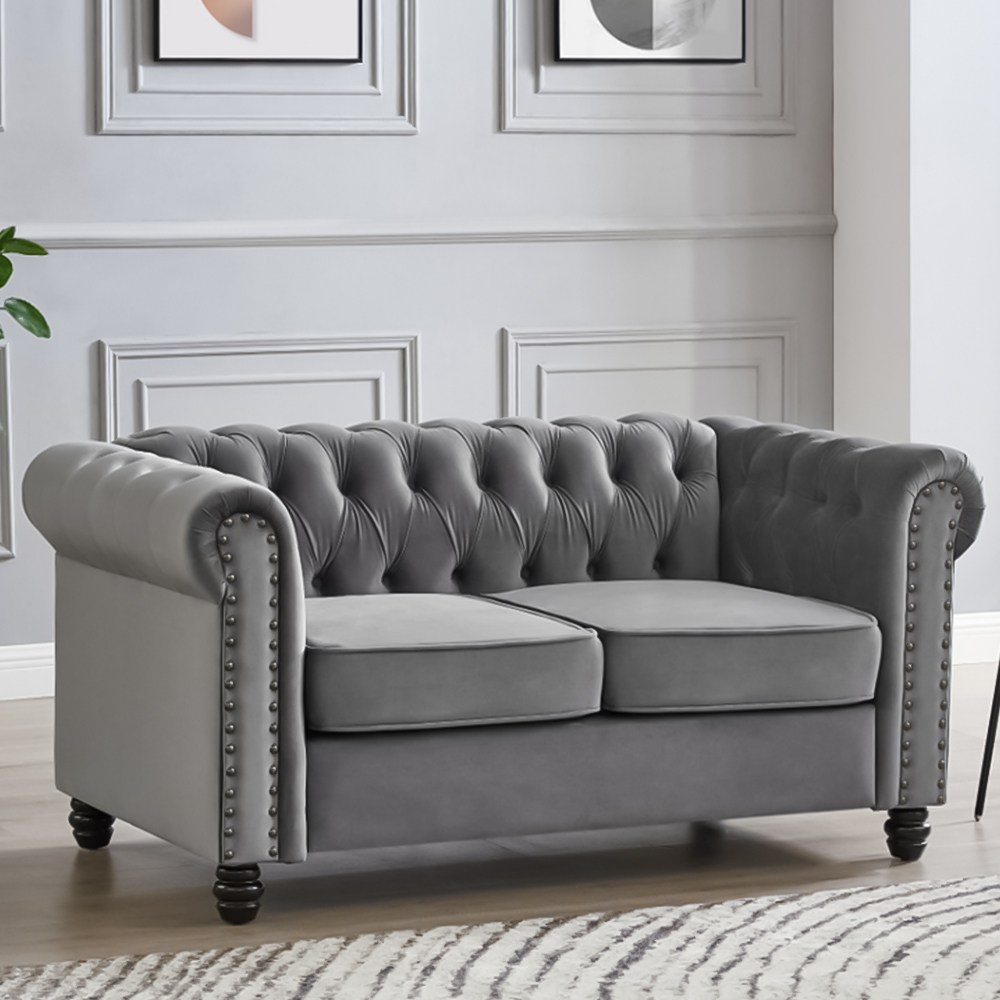 Home Detail Chesterfield 2 Seater Studded Grey Velvet Sofa Image 1