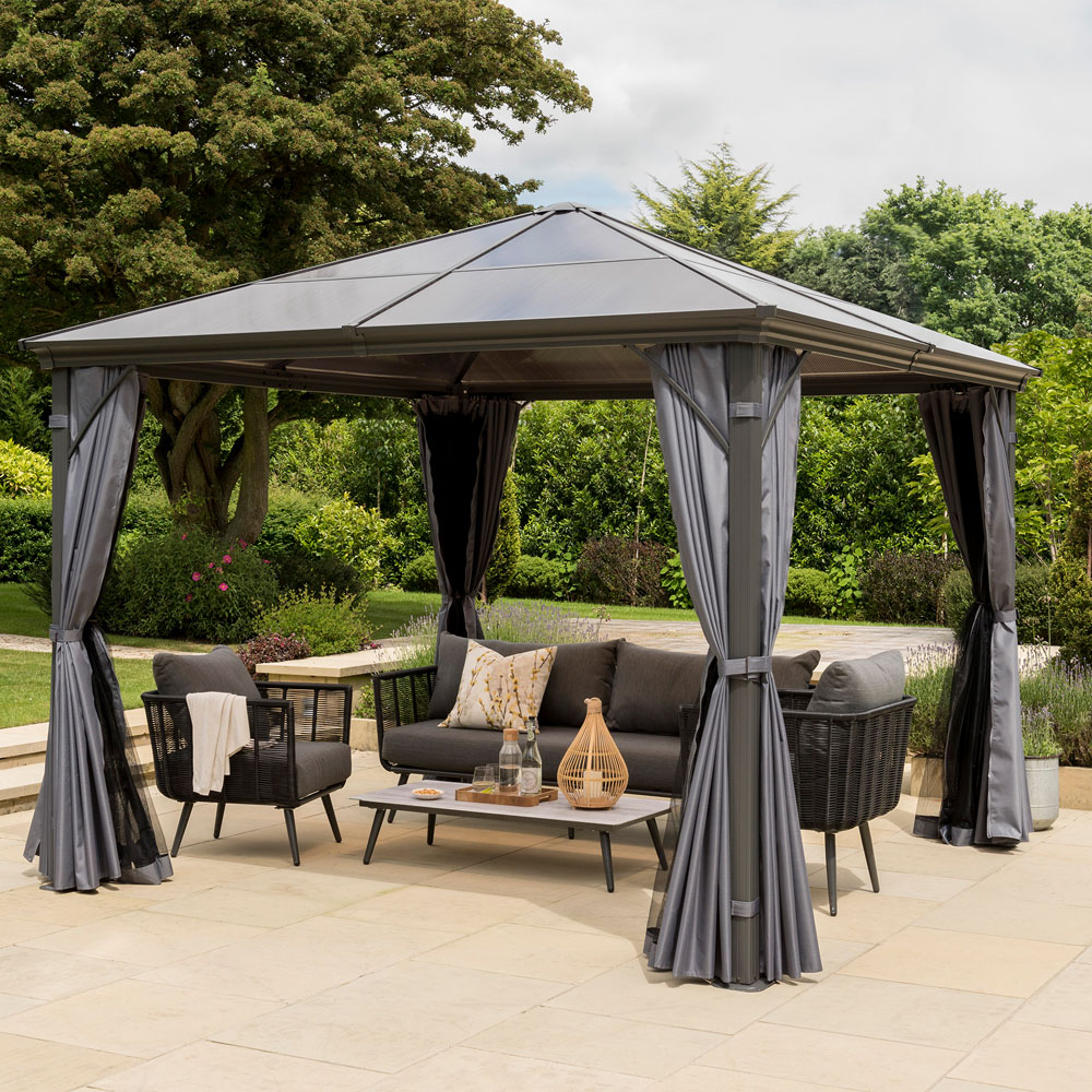 Norfolk Collection Runcton 3 x 3m Polycarbonate Gazebo with Curtains and Netting Image 1