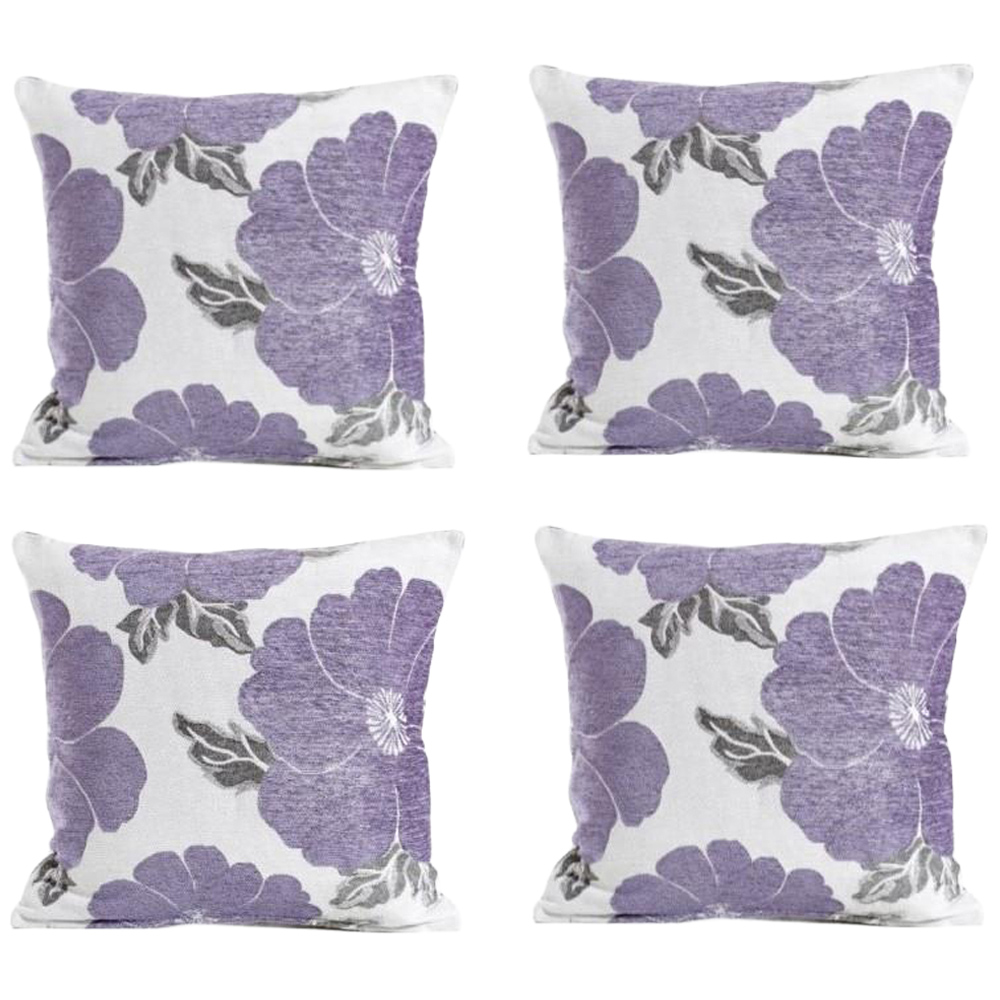 Alan Symonds Purple Chenille Poppy Floral Cushion with Polyester Filled Pad 45 x 45cm 4 Pack Image