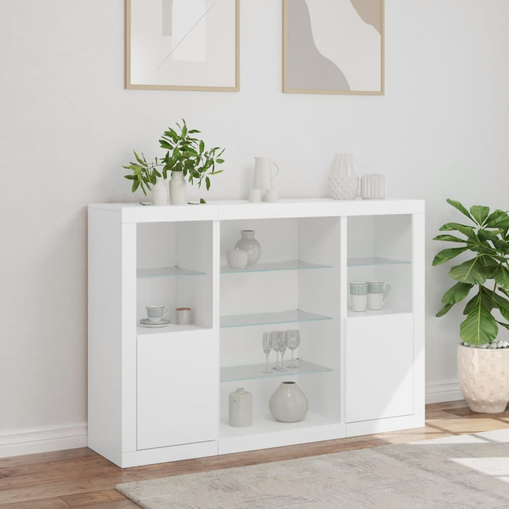 vidaXL 2 Door 6 Shelf White LED Sideboard 3 Piece Image 9