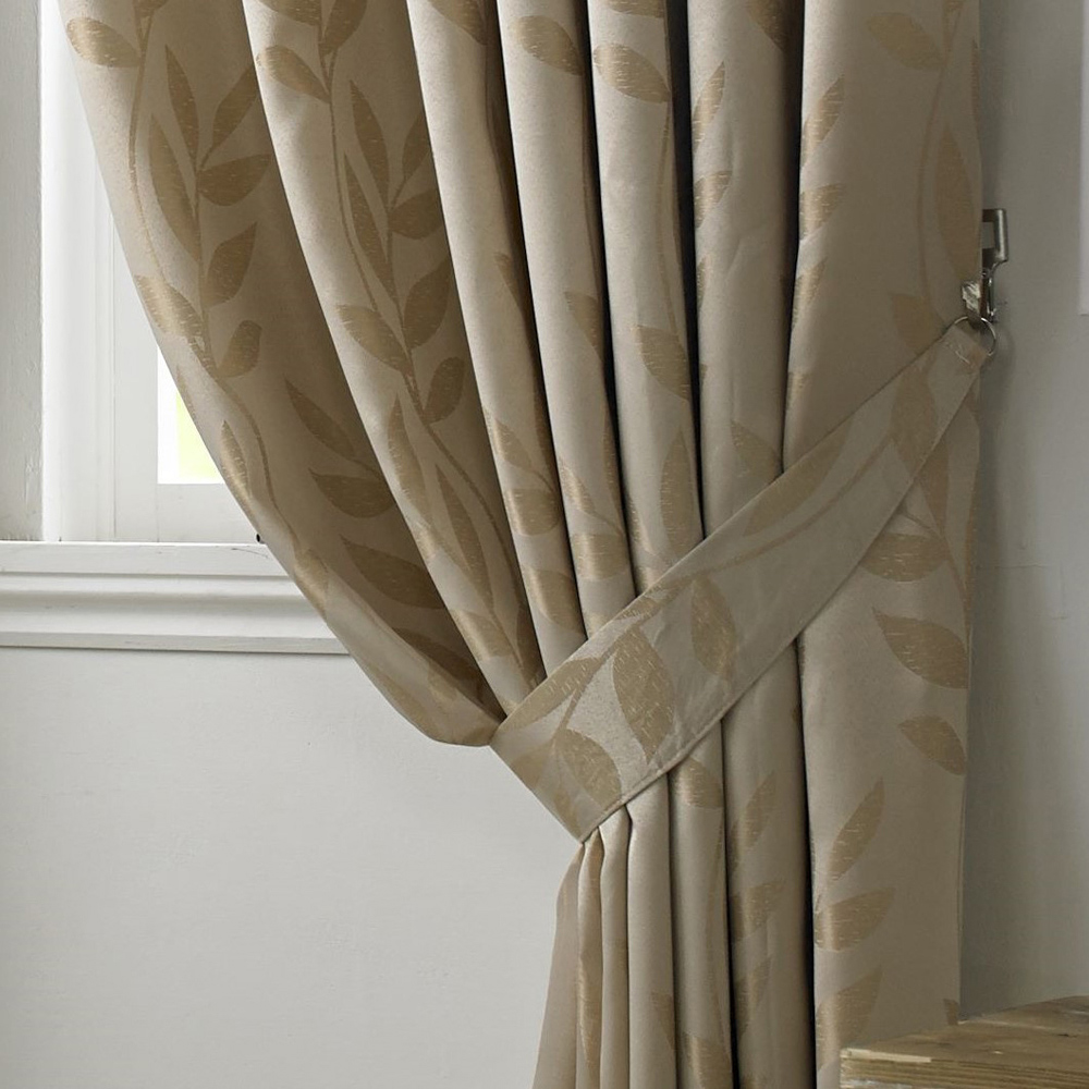 Alan Symonds Dupion Latte Leaf Jacquard Ring Top Eyelet Curtains 229 x 183cm Image 3