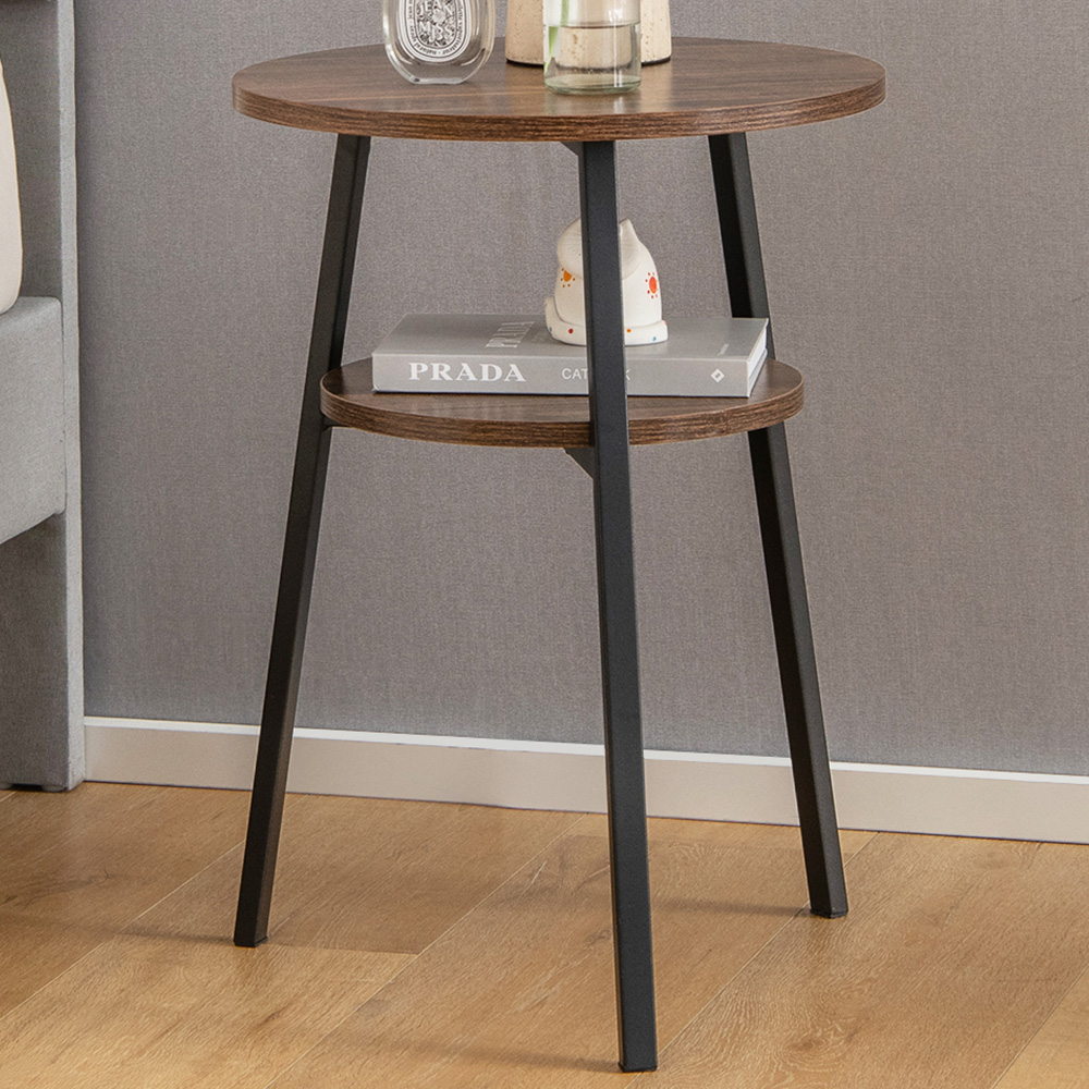 Costway 2 Shelf Brown Round Wooden Side Table Image 1