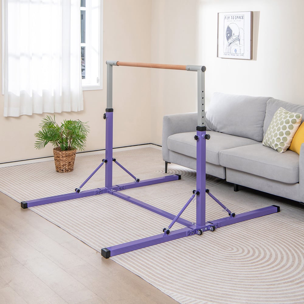 Costway Purple Kids Height Adjustable Foldable Gymnastics Bar Image 2