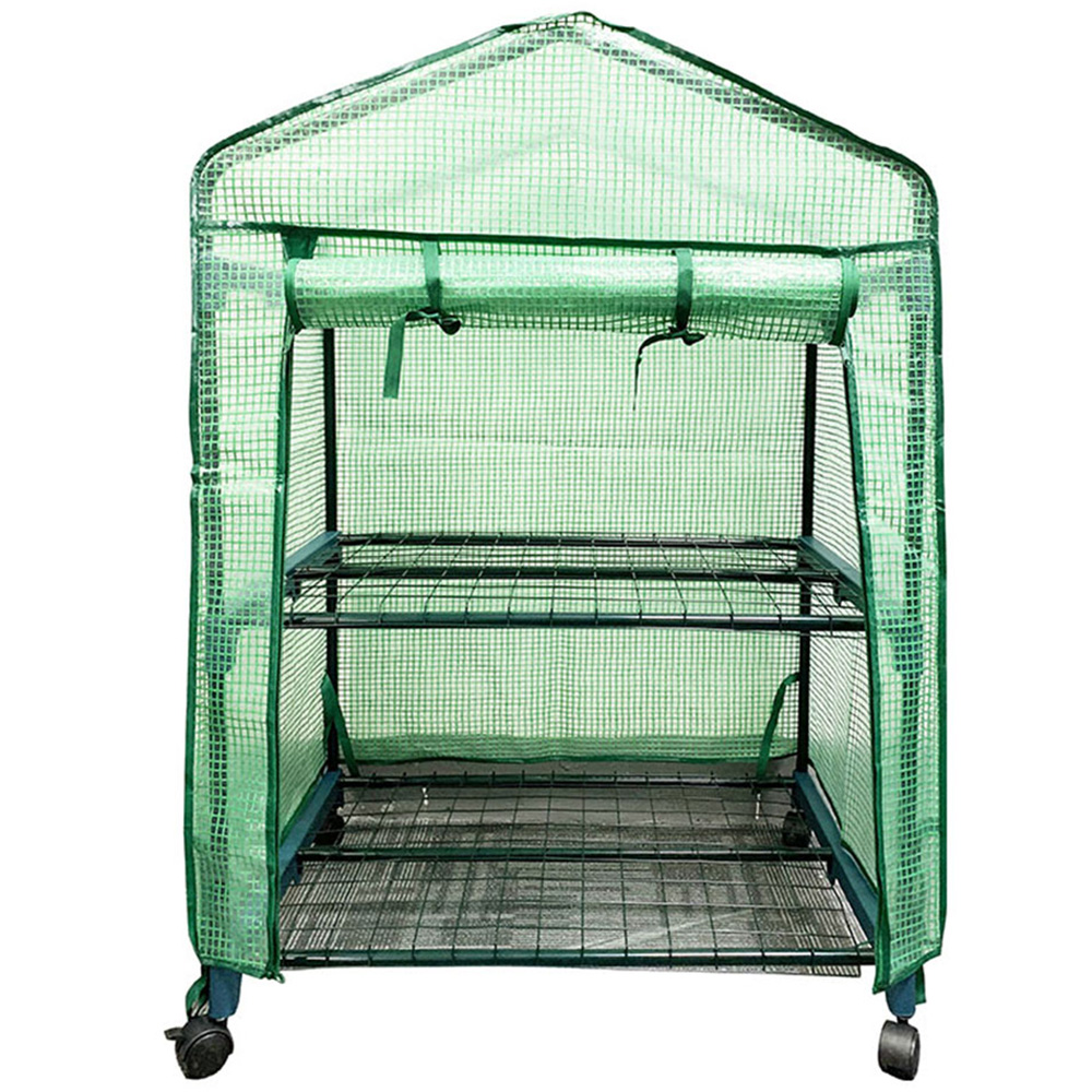 St Helens 2 Tier Green Plastic 2.3 x 1.6ft Mini Greenhouse with Wheels Image 1