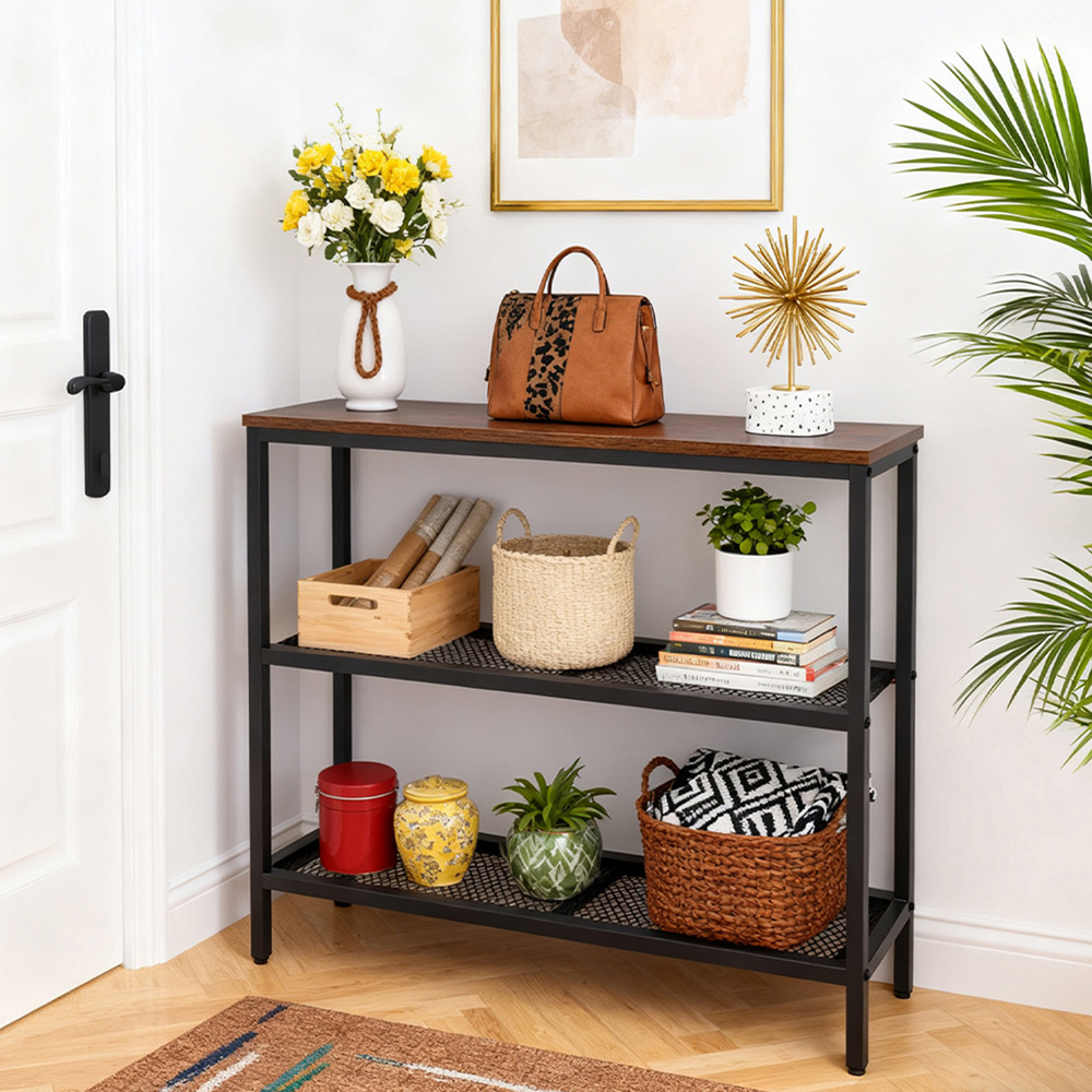 Living and Home 2 Shelf Brown Wood Grain Metal Frame Console Table Image 7