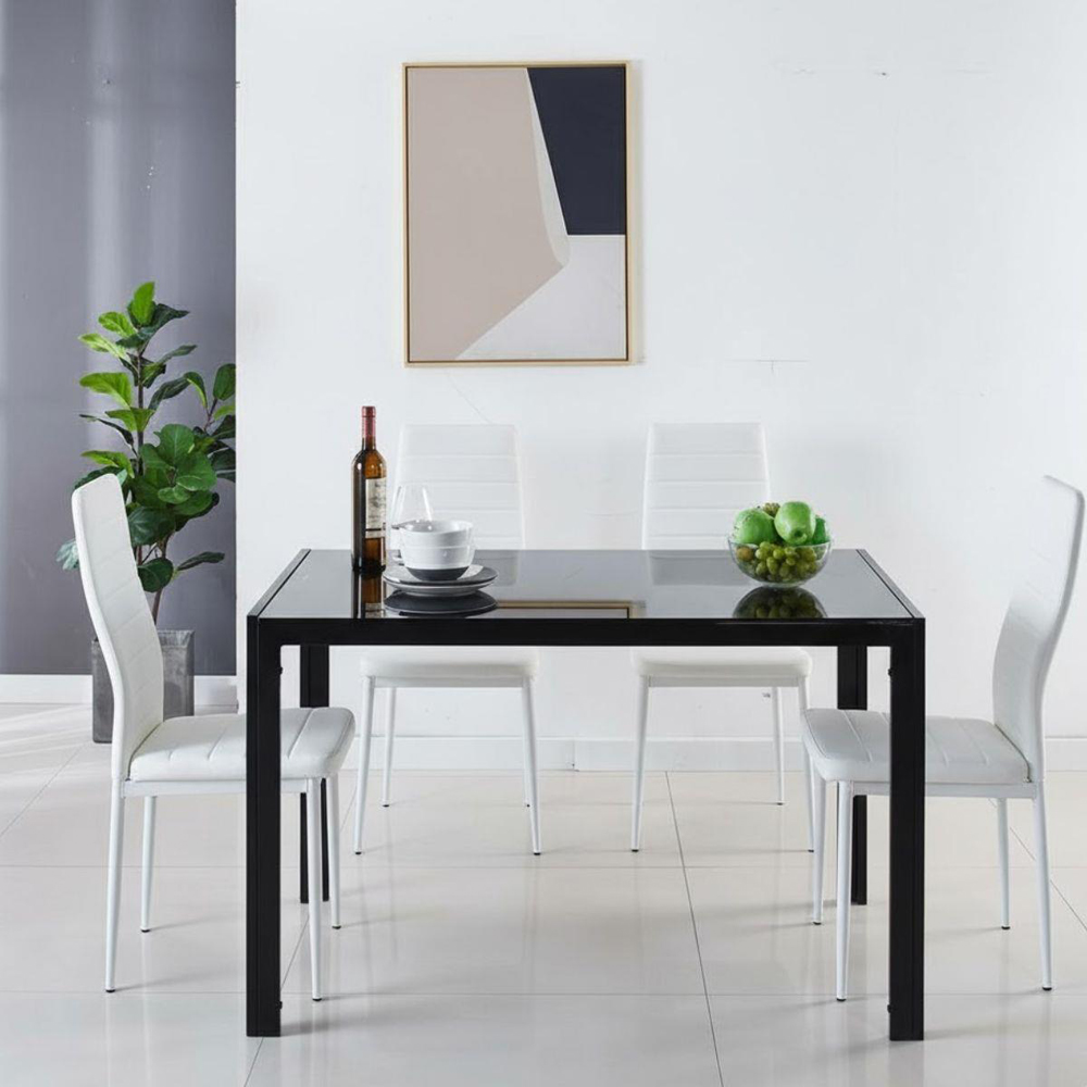 Kosy Koala 4 Seater Faux Leather Glass Dining Set Black and White Image 3
