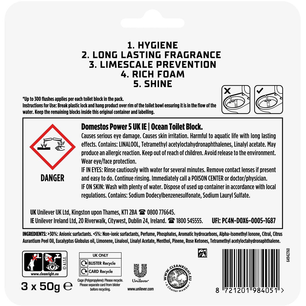 Domestos Power 5 Ocean Toilet Rim Block Trio Pack 50g 10 Pack Image 6