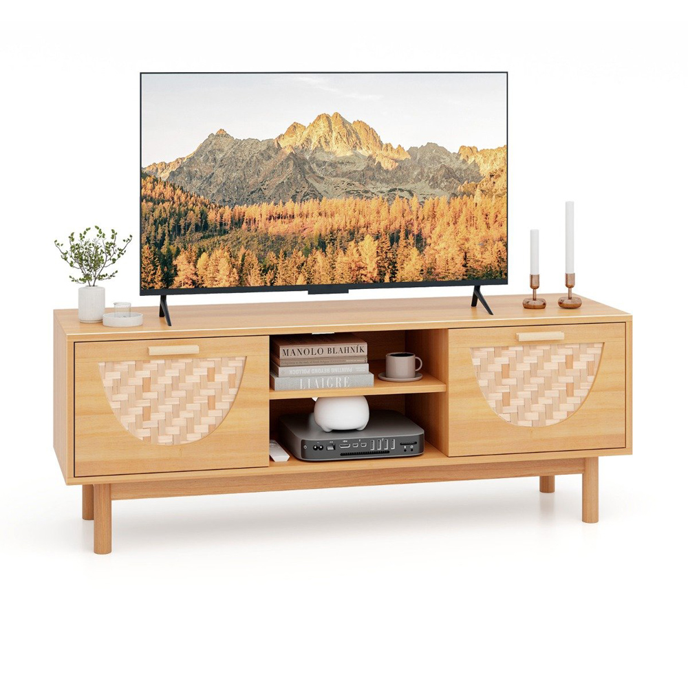 Costway 2 Drawer 2 Shelf Natural Bamboo Woven TV Unit Image 3