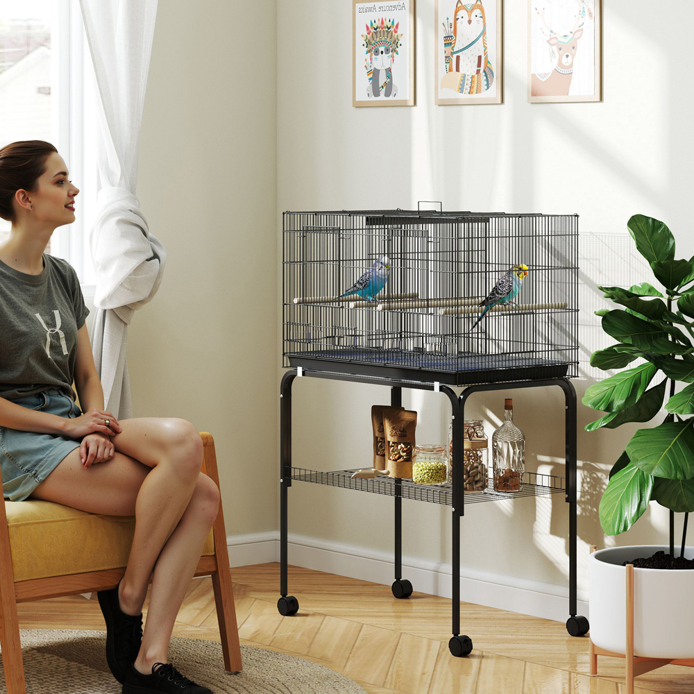 PawHut Black 4 Wooden Perches Bird Cage with Divider and Tray Image 2