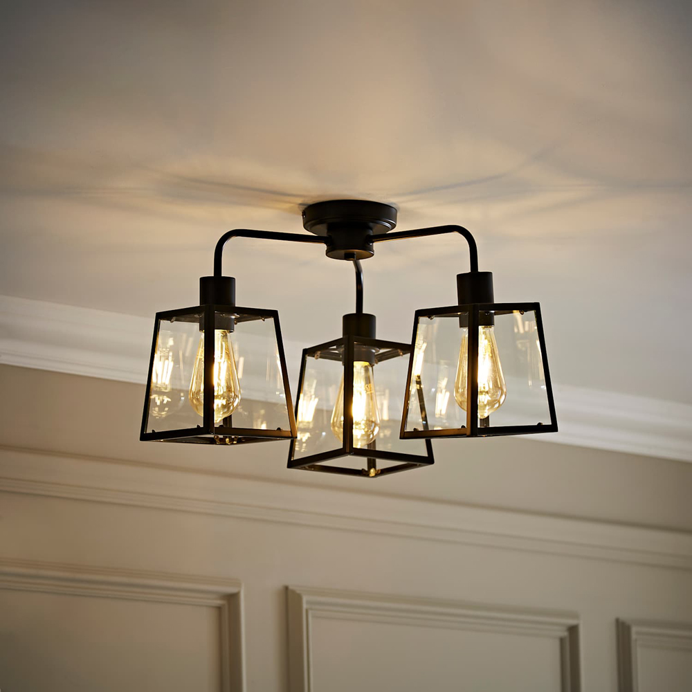 ValueLights Susie 3 Arm Lantern Shade Matt Black Glass Ceiling Light with Bulb Image 6