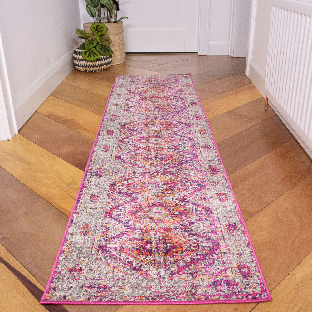 Kukoon Pink and Grey Bordered Geometric Distressed Rug 240 x 60cm Image 2