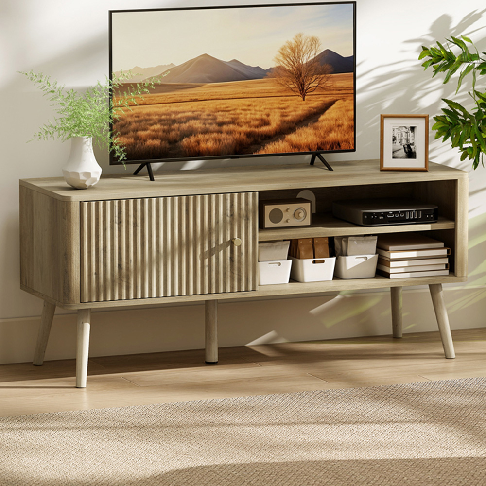Portland Single Door 2 Shelf Oak Fluted TV Unit Image 1
