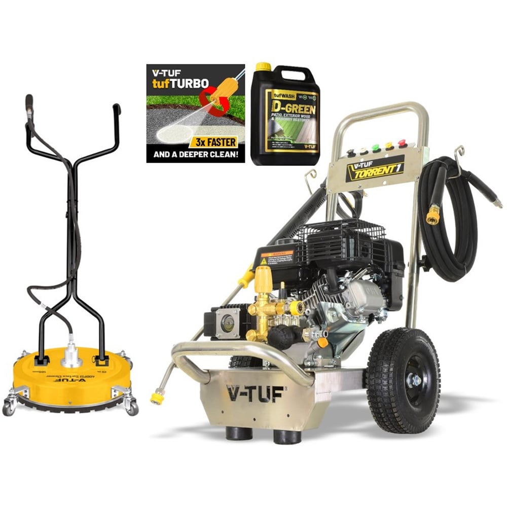 V-TUF TORRENT 1 7HP Industrial Petrol Pressure Washer 190Bar with Surface Cleaner and D-Green Bundle Image