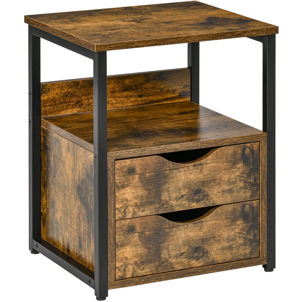 Portland 2 Drawer Single Shelf Brown Industrial Side Table Image 2