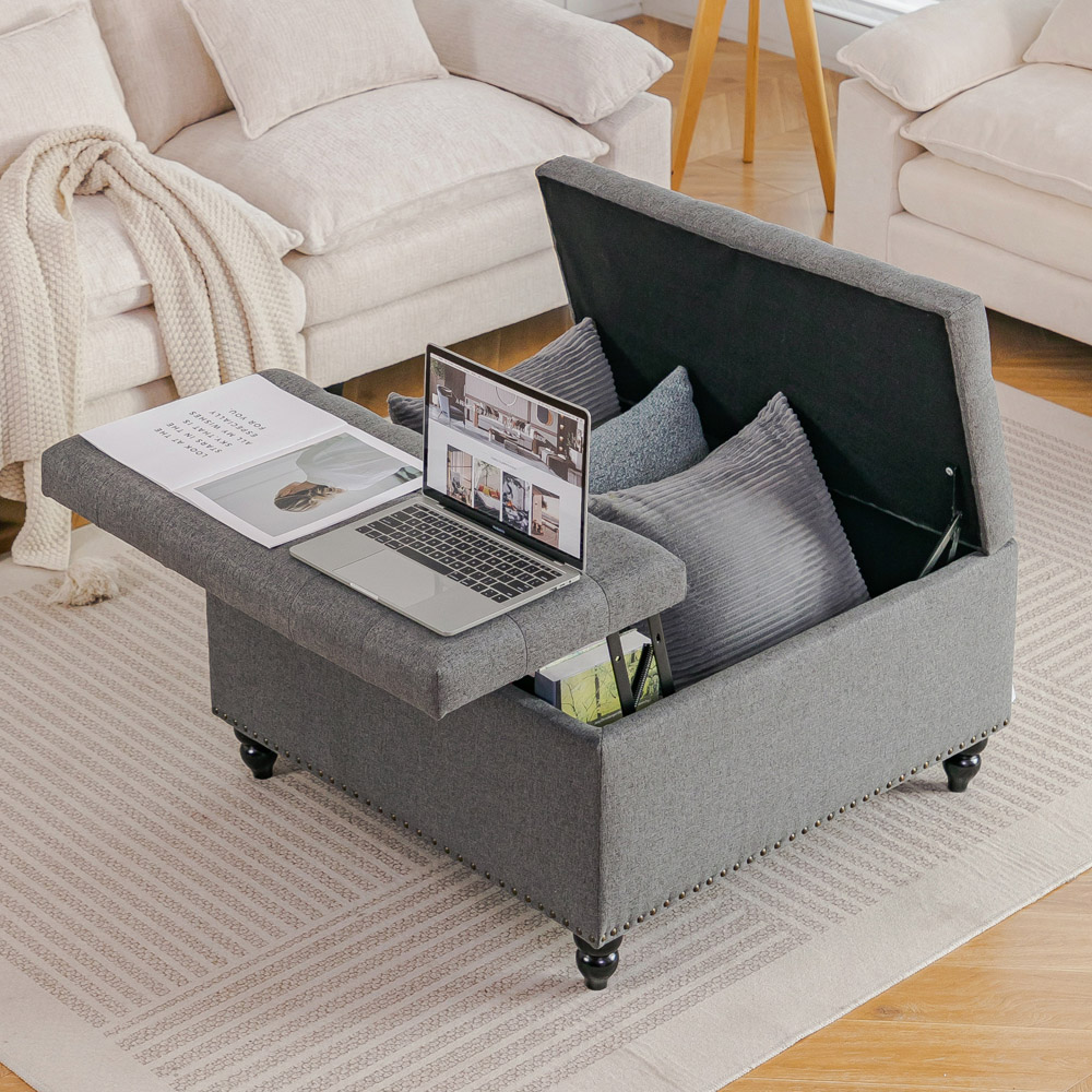 Living and Home Grey Square Linen Upholstered Lift Top and Flip Storage Ottoman Image 8