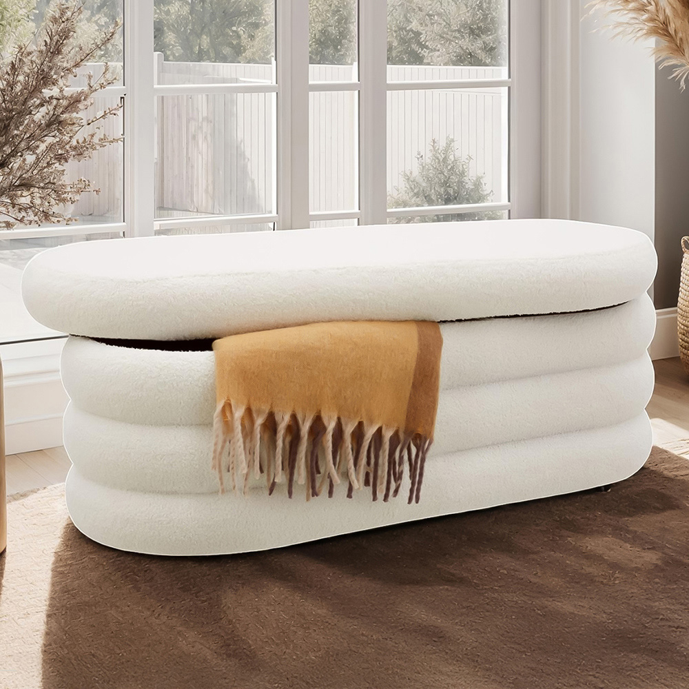 tectake Altu Cream Boucle Upholstered Bench with Storage Image 1