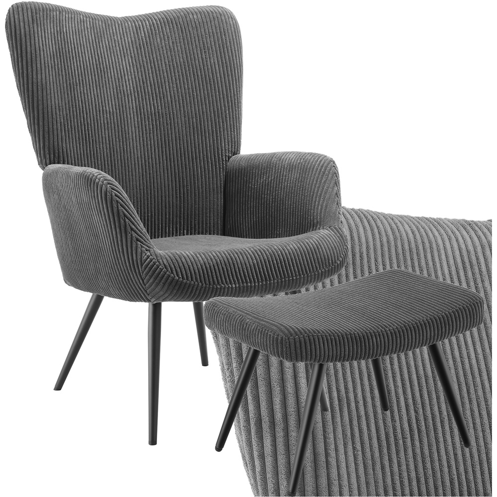 tectake Hygge Wide Corduroy Anthracite and Black Padded Armchair with Stool Image 2