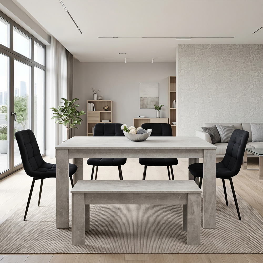 Portland Velvet 6 Seater Dining Set with Bench Stone Grey and Black Image 2