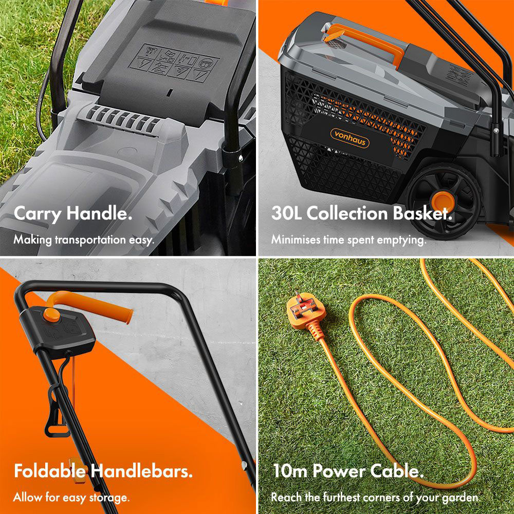 VonHaus 3500227 1200W Hand Propelled 32cm Rotary Electric Lawn Mower Image 6