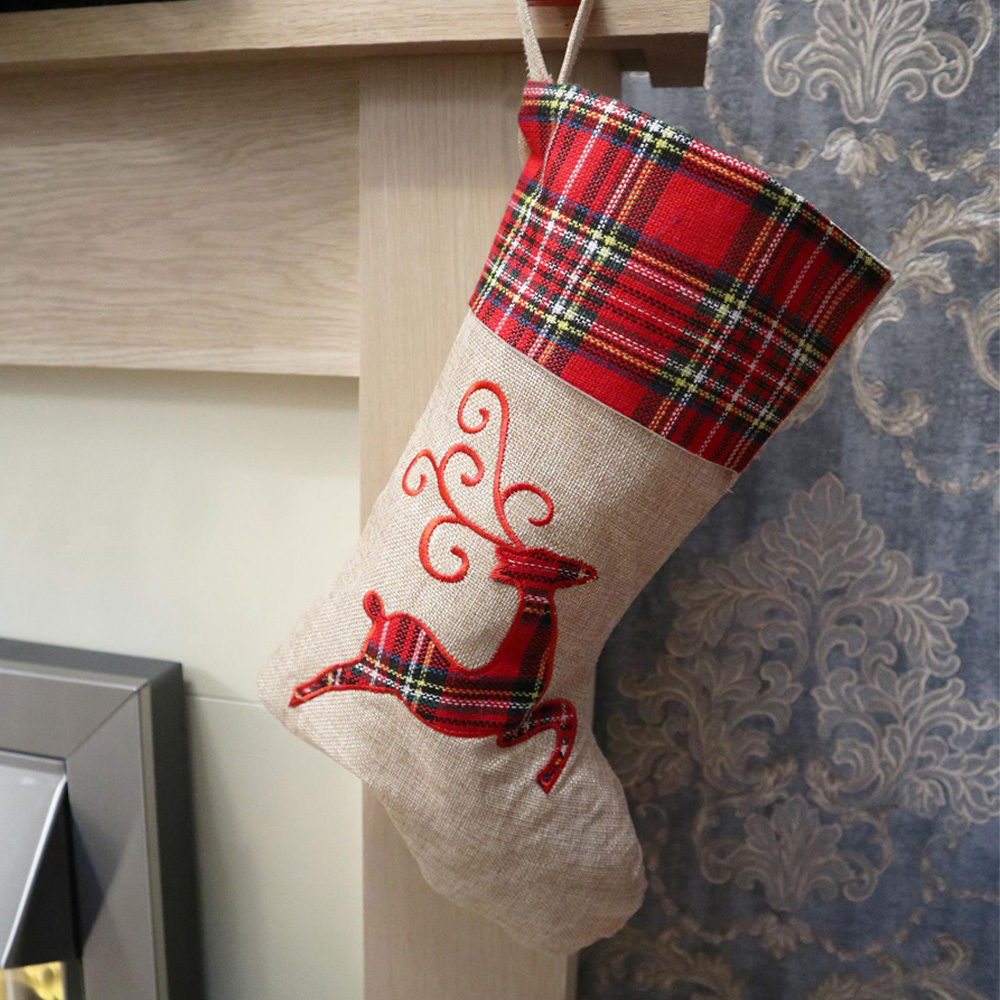 Shatchi Reindeer Burlap Hessian Linen Christmas Stocking Sock Image 2