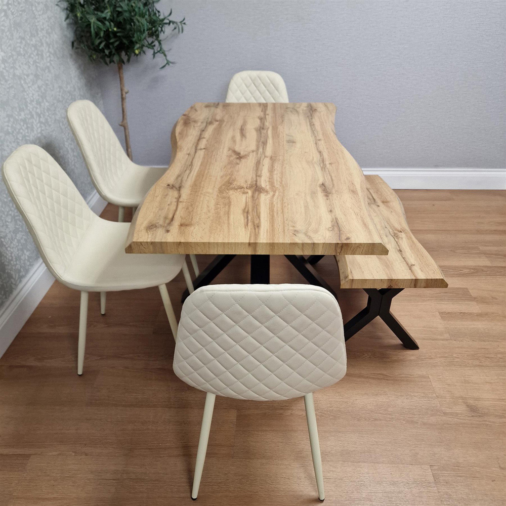 Portland 6 Seater Gem Pattern Wooden Tabletop Dining Bench Set Cream Image 4