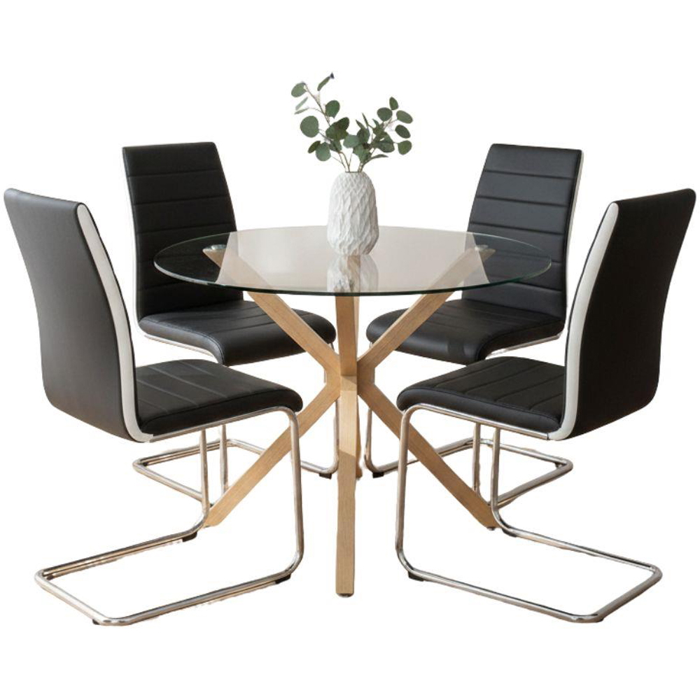 Portland 4 Seater Faux Leather Glass Tabletop Round Dining Set Black Image 2