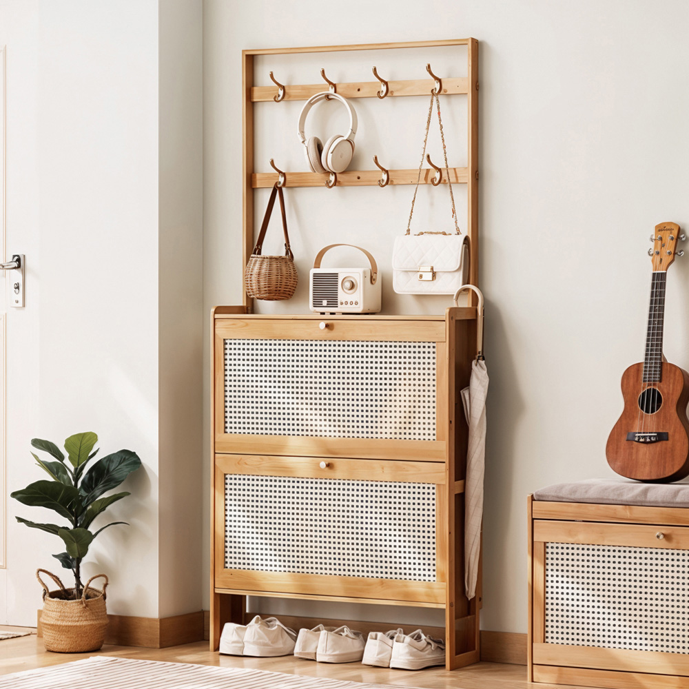 Living and Home 2 Flip Down Drawer Natural Bamboo Shoe Cabinet with 8 Hooks Image 1