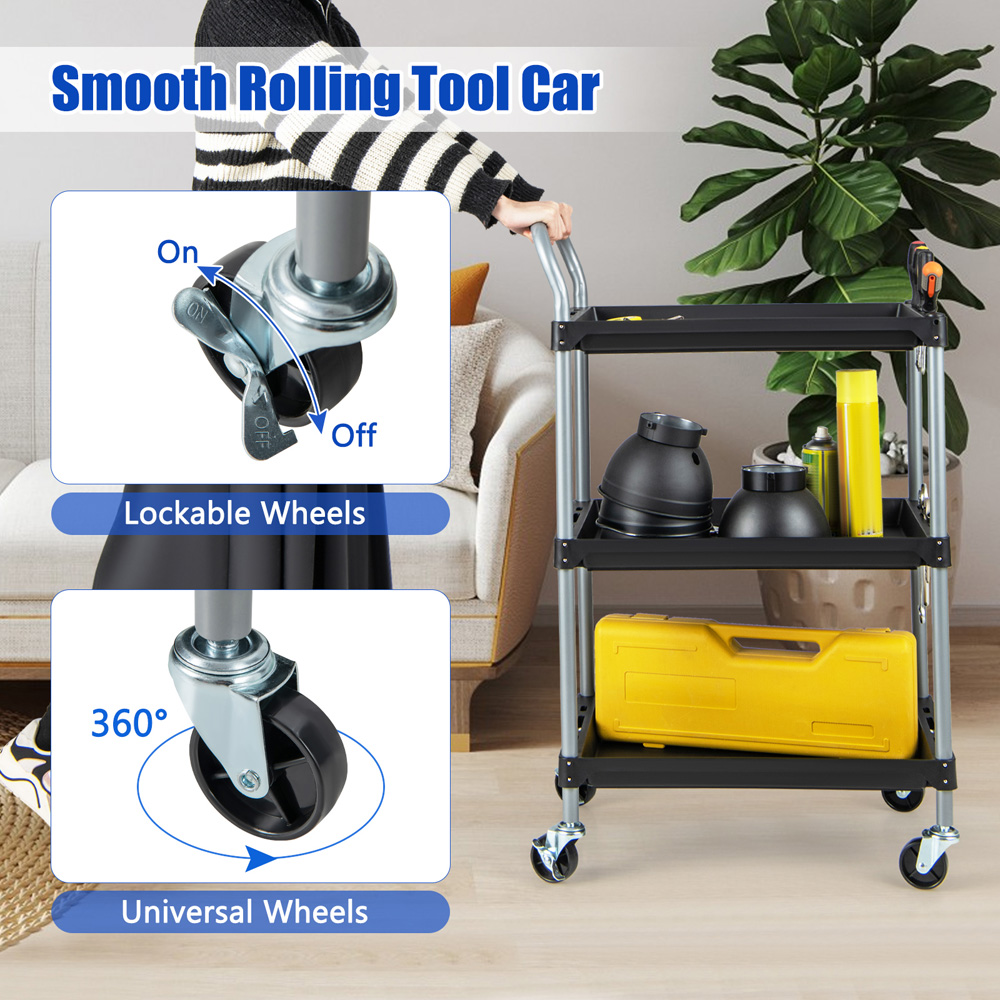 Costway 3 Shelf Black Utility Cart Image 6