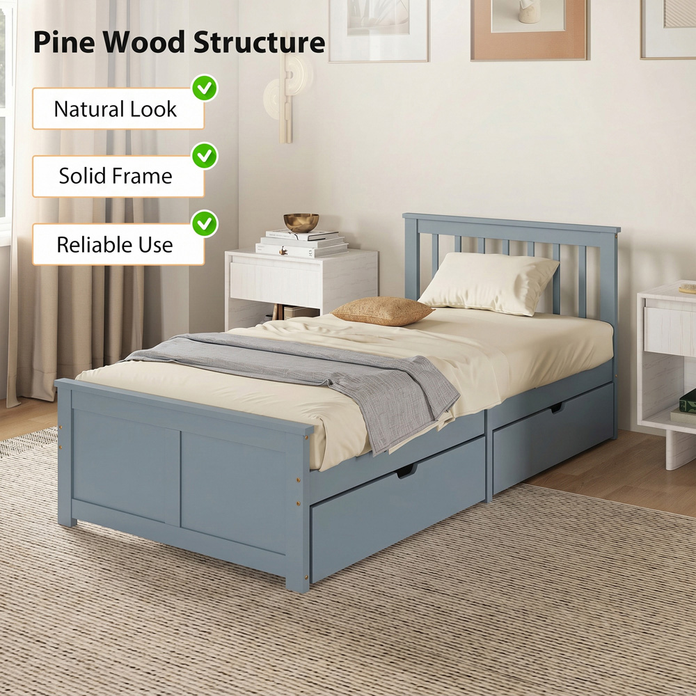 HOMCOM Single Grey Bed Frame with 2 Drawers and Headboard Image 5