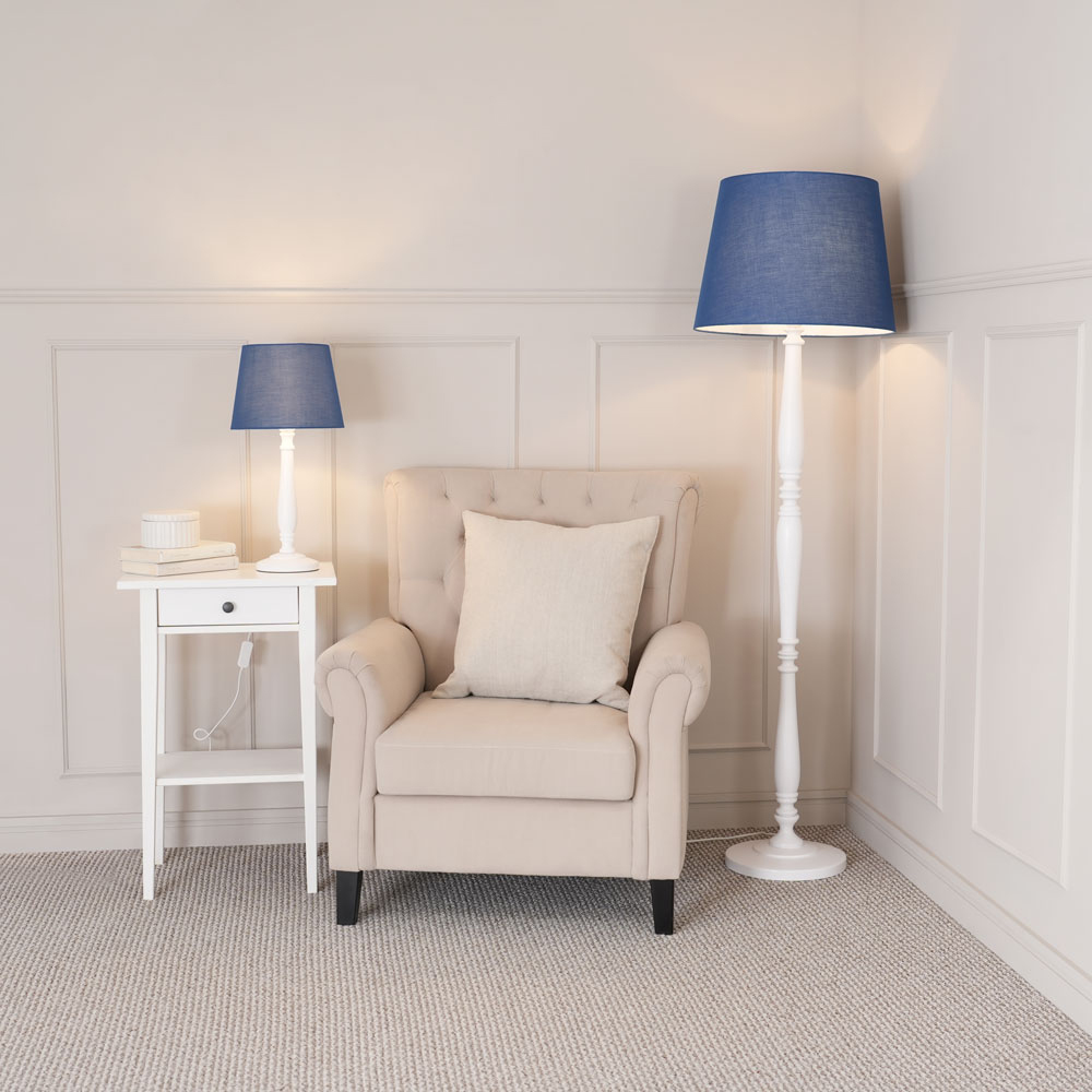 ValueLights Victoria Navy Blue Fabric Tapered Shade White Wood Traditional Stem LED Floor Lamp Image 4