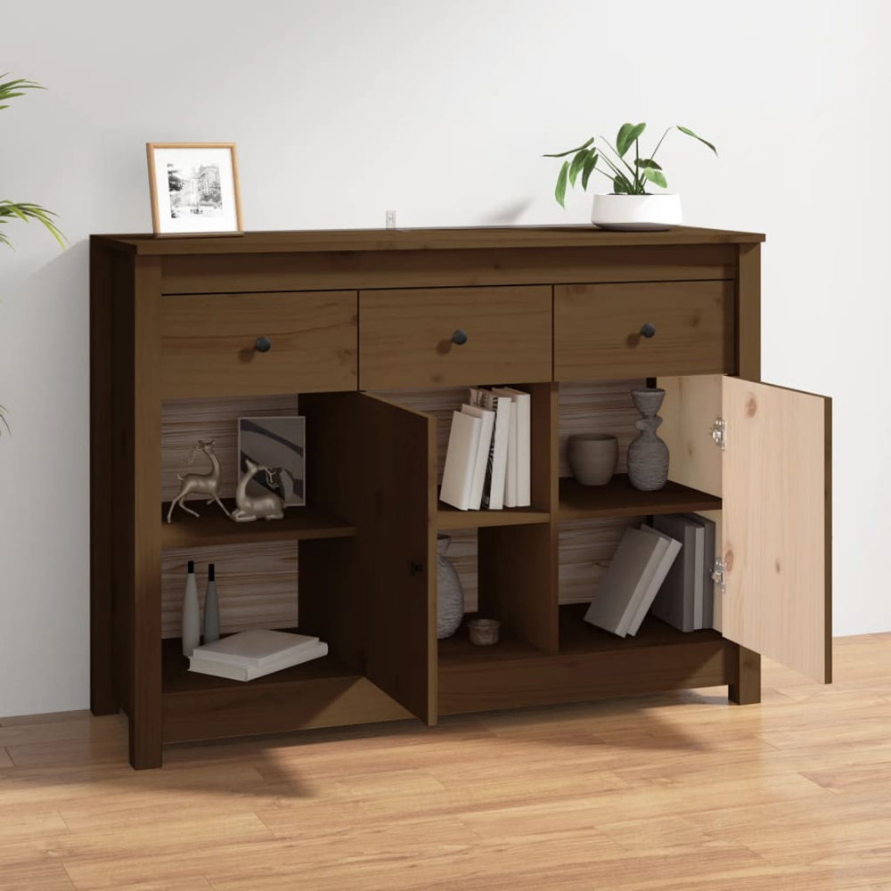 vidaXL 2 Door 3 Drawer 2 Shelf Honey Brown Solid Pine Wood Sideboard Image 3