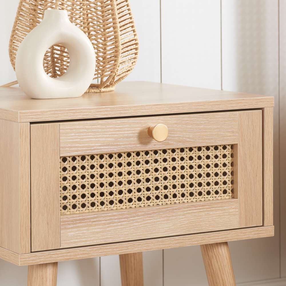 Croxley Single Drawer Oak Rattan Bedside Table Image 7