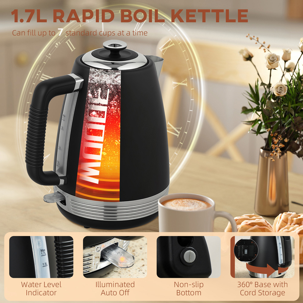 HOMCOM 800-267V70BK Black 1.7L Quick Boil Kettle 3000W and 4 Slice Toaster Set Image 4